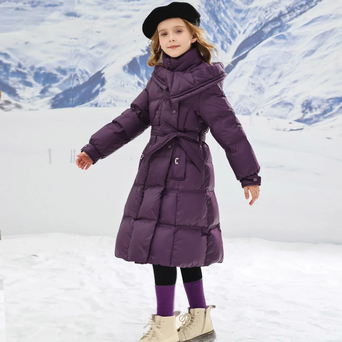 Winter Warm Cotton Padded Girls Solid Coat Waterproof Large Lapel Clothes Waist Belt Children Outwear Parkas Snowsuit TR152