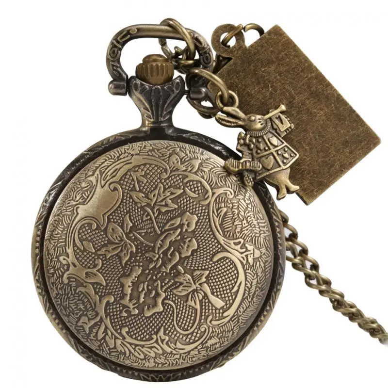 Orologio da donna retrò orologio da tasca al quarzo in bronzo retrò orologio a catena con collana maglione da ragazza con accessorio per coniglio Drink Me