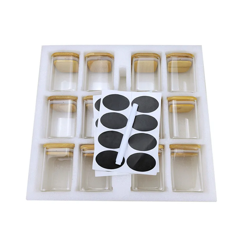 12 Units 200ml Square Glass Storage Jars Bamboo Cover Sealed Glass Bottle Kitchen Seasoning Storage Tank 2