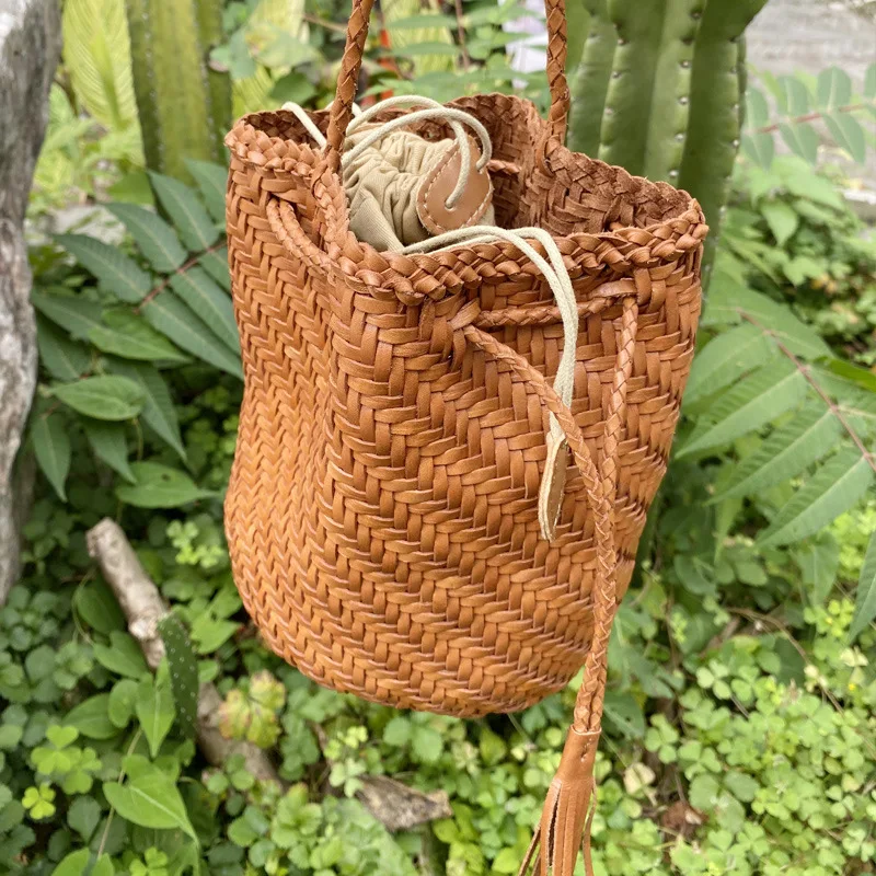 Women's Bag Top Layer Cowhide Woven Bucket Package Genuine Leather Vegetable Basket Pack Retro Handbag INS Style For Ladies