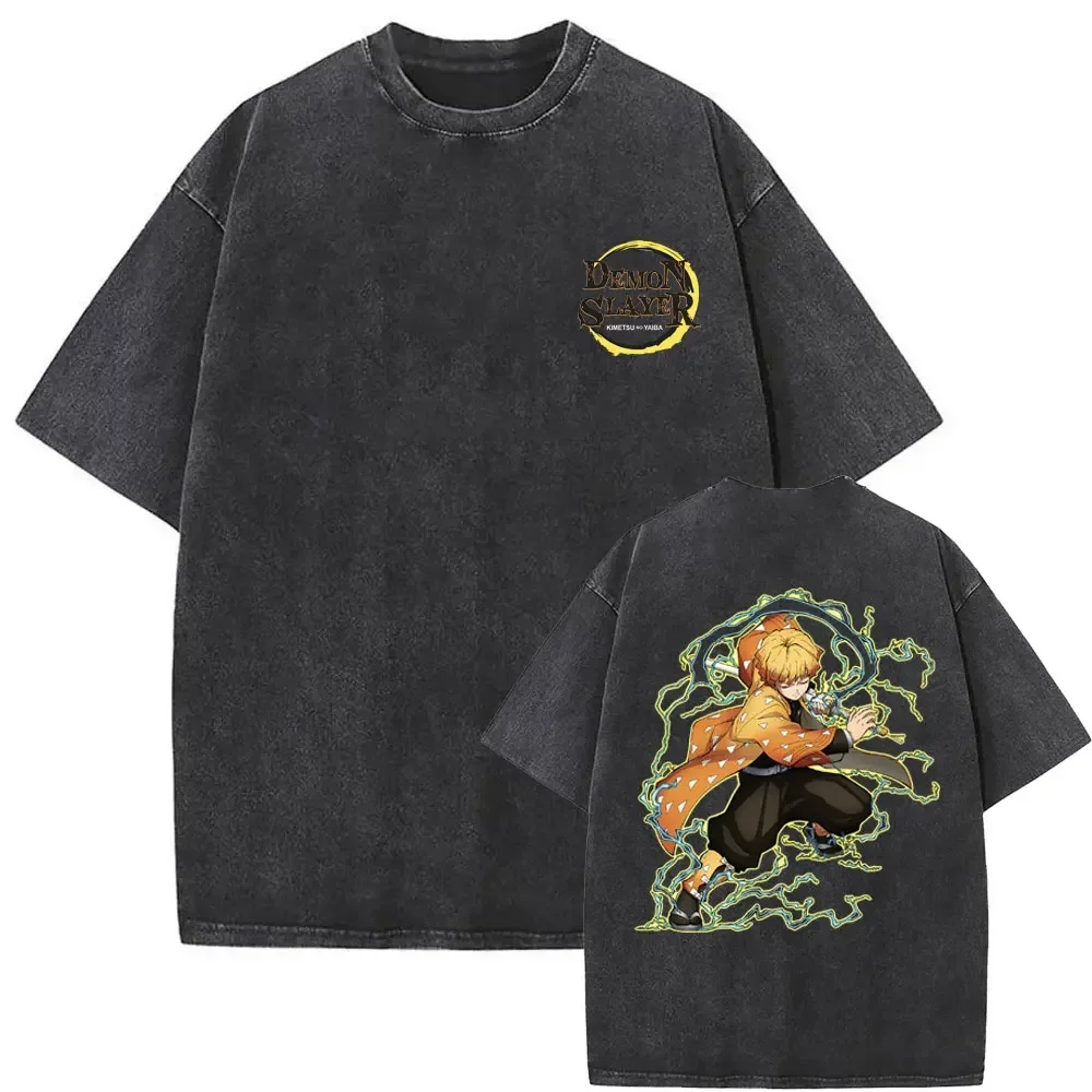 

Washed Vintage Anime Demon Slayer Tshirt Agatsuma Zenitsu Manga Graphic Print T-shirts Men Casual Eu Plus Size Short Sleeve Tees