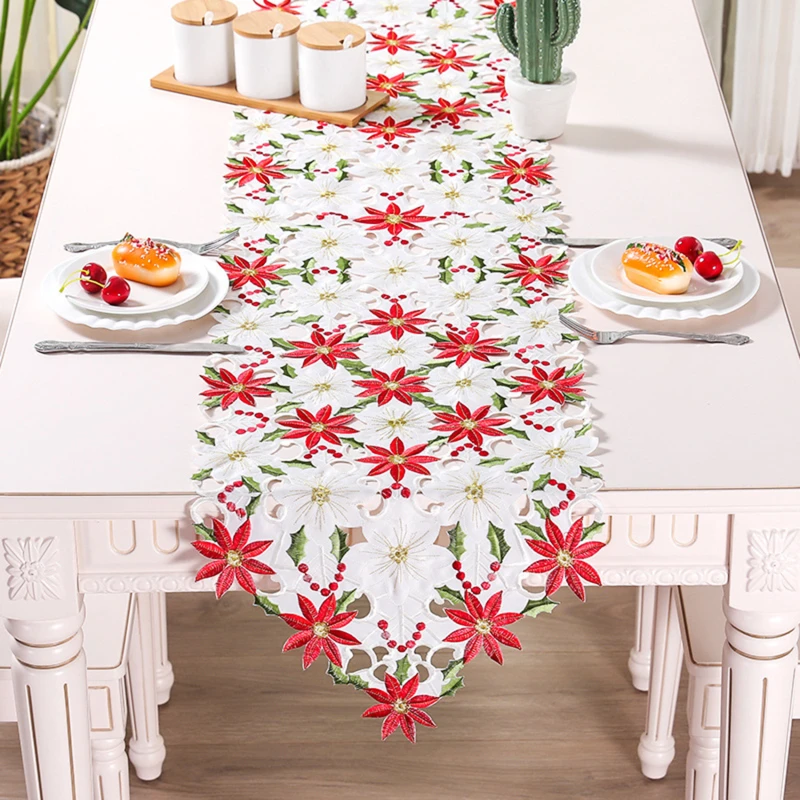 Christmas Decor Tablecloth Printed Embroidered Christmas Table Flag For Home New Year Hollow Table Mat Decoration