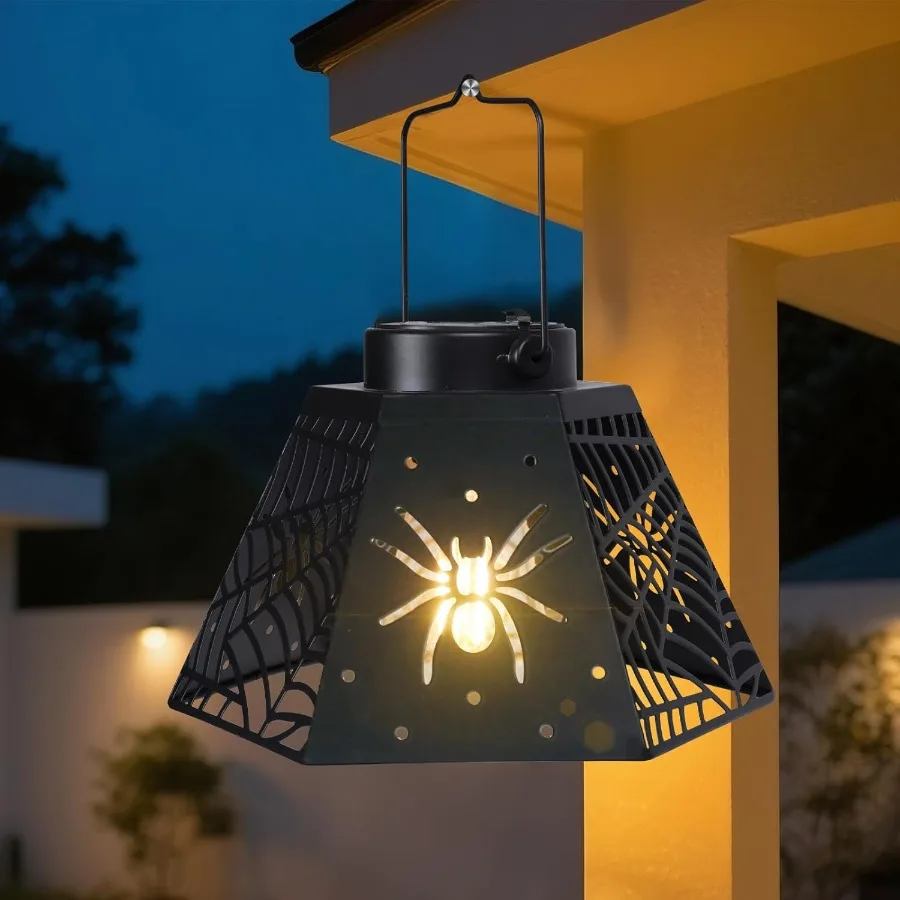 2 Pack Halloween Solar Lantern with Spider Web Design Outdoor Hanging LED Light for Yard Patio Garden Waterproof Metal Decorati