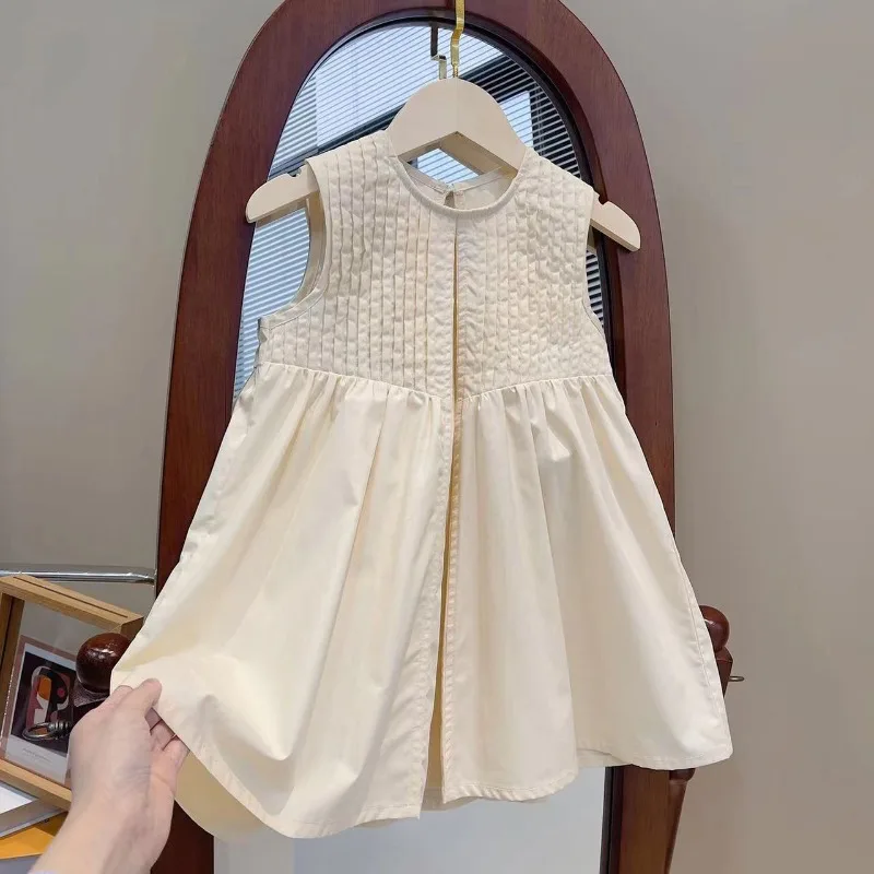 

Girls 2024 Summer Pullover Round Neck Spliced Folds Hollow Out Fashion Solid Color Sleeveless Fashionable Loose Casual Dress