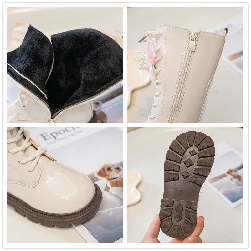 Leather Mid Calf Boots for Girls with Plush Lining