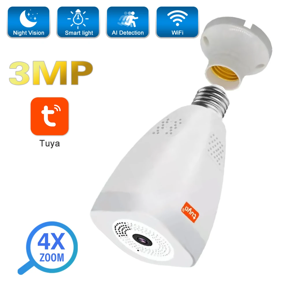 3MPTuyaLightBulbWifiCameraFullHD360Panorami4XZoomWireless