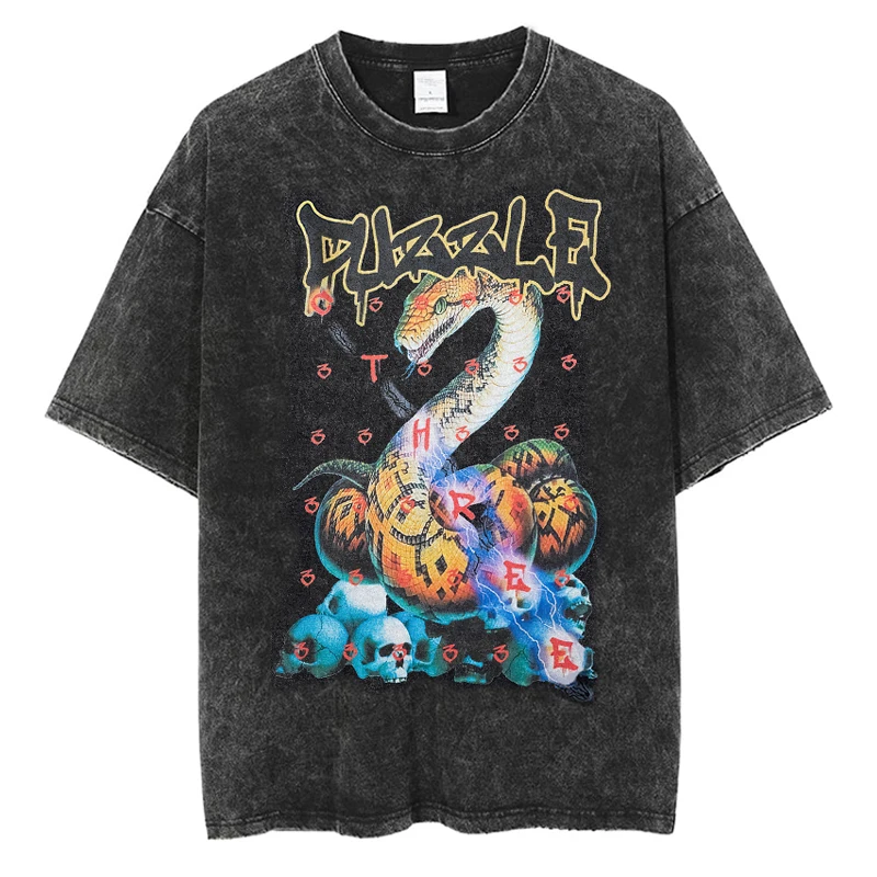 

Y2k High Street Cotton Washed Vintage T Shirt For Men Women t-shirt Bloodthirsty Python Oversized Tee Hip Hop Streetwear Top