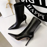 Women 7.5cm 10cm High Heels Leather Boots Lady Low Heels Short Ankle Boots Stripper Winter Warm Snow Plush Pointed Toe Shoes - Image 2