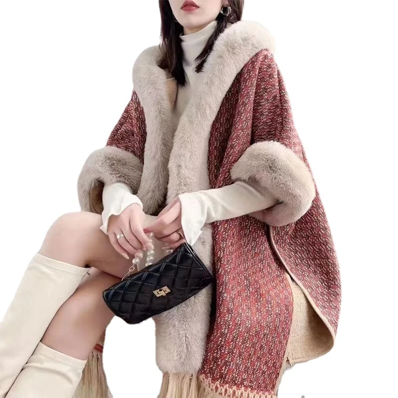 Women Faux Rabbit Fur Loose Long Velvet Thick Cloak Coat With Hat Japanese South Korea Winter Warm Plaid Printed Poncho Cappa
