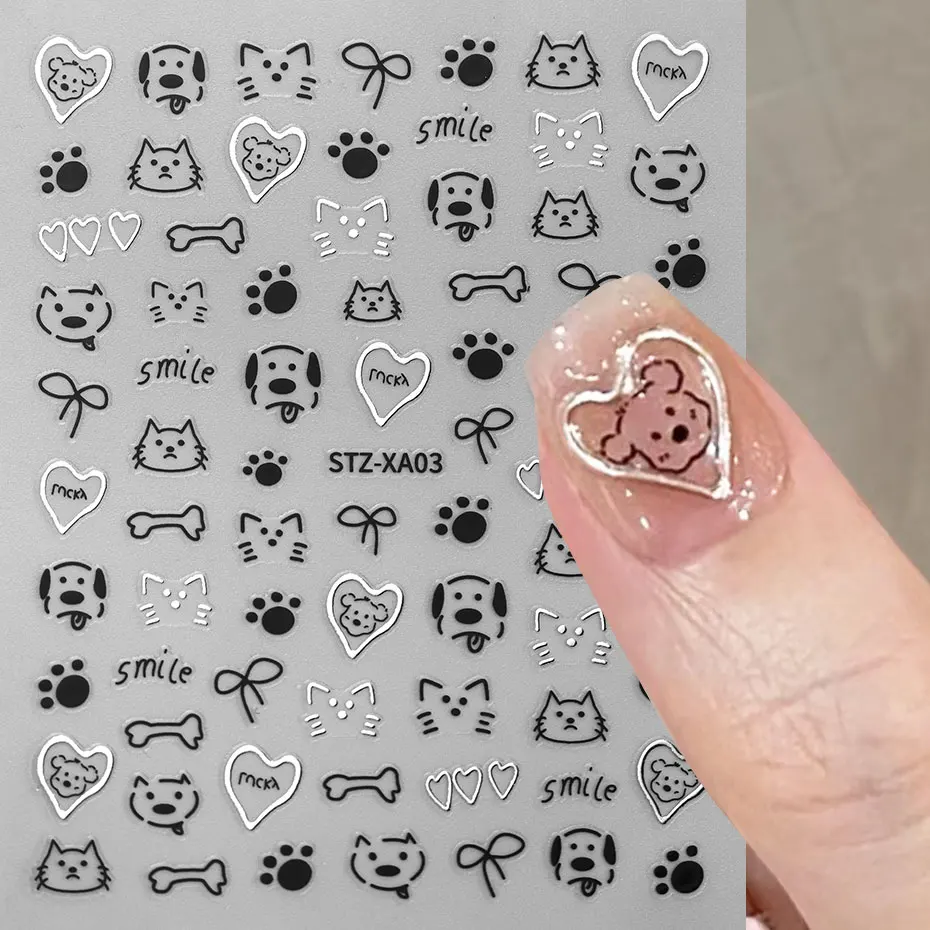 2pcs 3D Cute Silver Smile Dog Decals Y2K Cartoon Cat Footprint Nail Stickers Graffiti Star Heart Bowknot Manicure Slider Decor 2