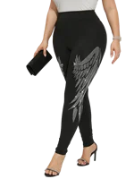 Plus Size Women's Leggings Sparkling Rhinestone Angel Wings Pattern Skinny Trousers Fashion Casual High Stretch Knit Bottoms