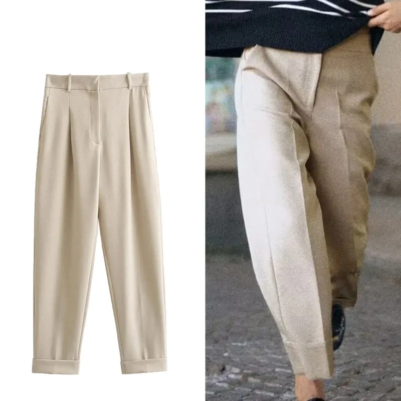 

TRAF Women Curled Hem Straight Pants Vintage High Waist Casual Trousers Chic Office Wear Ankle-Length Pants+Patch Pocket Coats