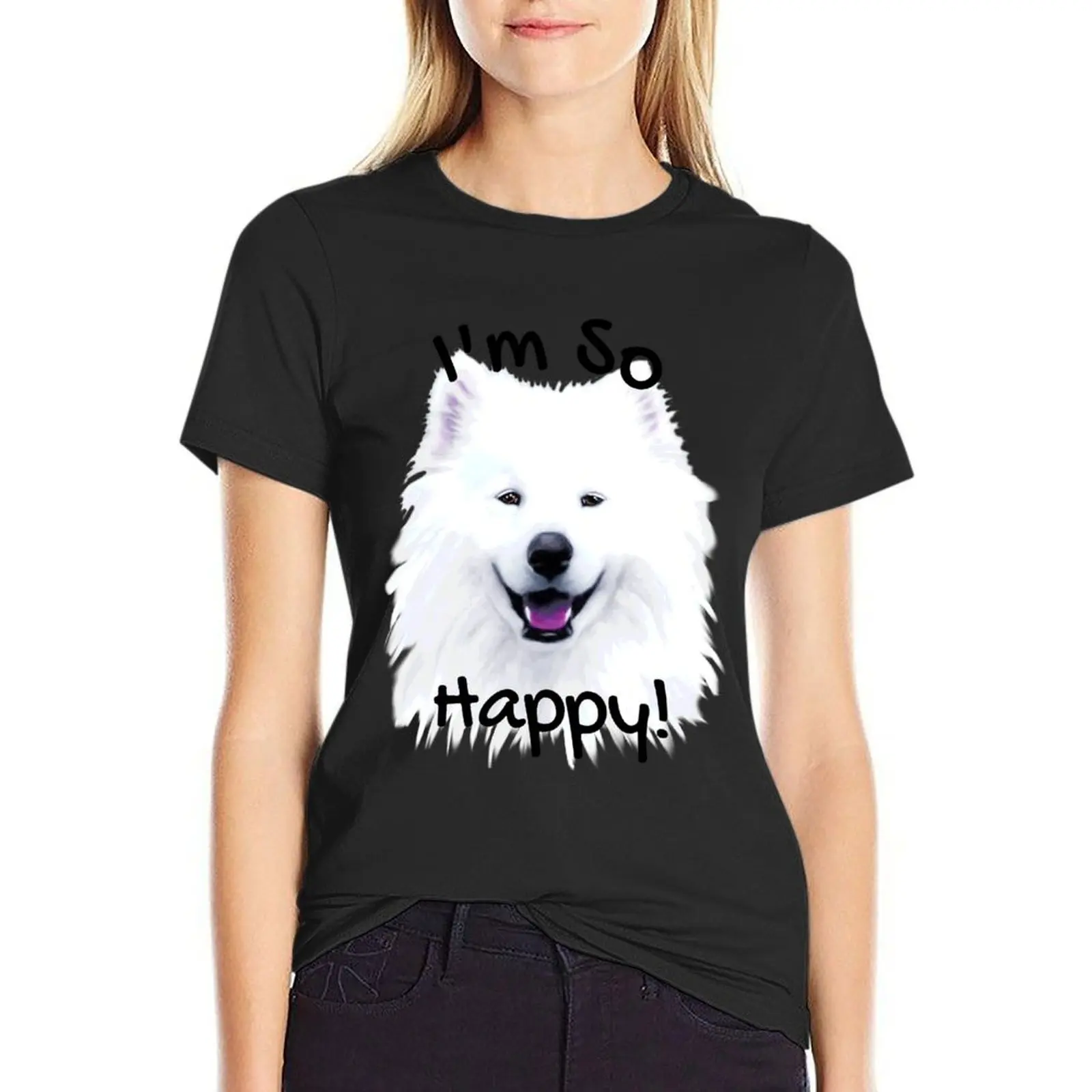 나는 너무 행복해! 스마일 화이트 사모예드 개 페이스 페인팅 티셔츠, 플러스 사이즈, 재미있는 여성 티셔츠