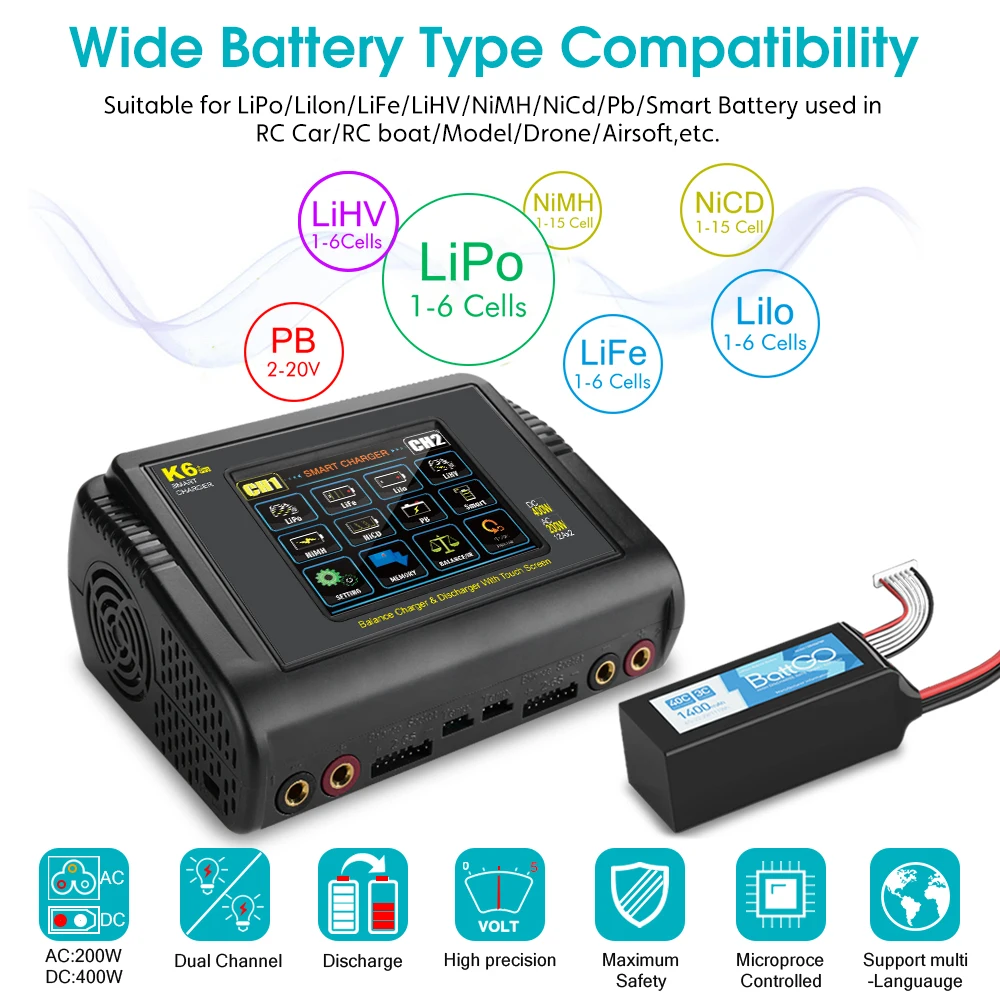HTRC K6+ 리포 배터리 충전기 DC 400W AC 200W 12Ax2 RC 충전기 밸런스 방전기 (LiHV, LiFe, 리튬이온, 니켈카드뮴, 니켈수소, 납, 리포 배터리용)