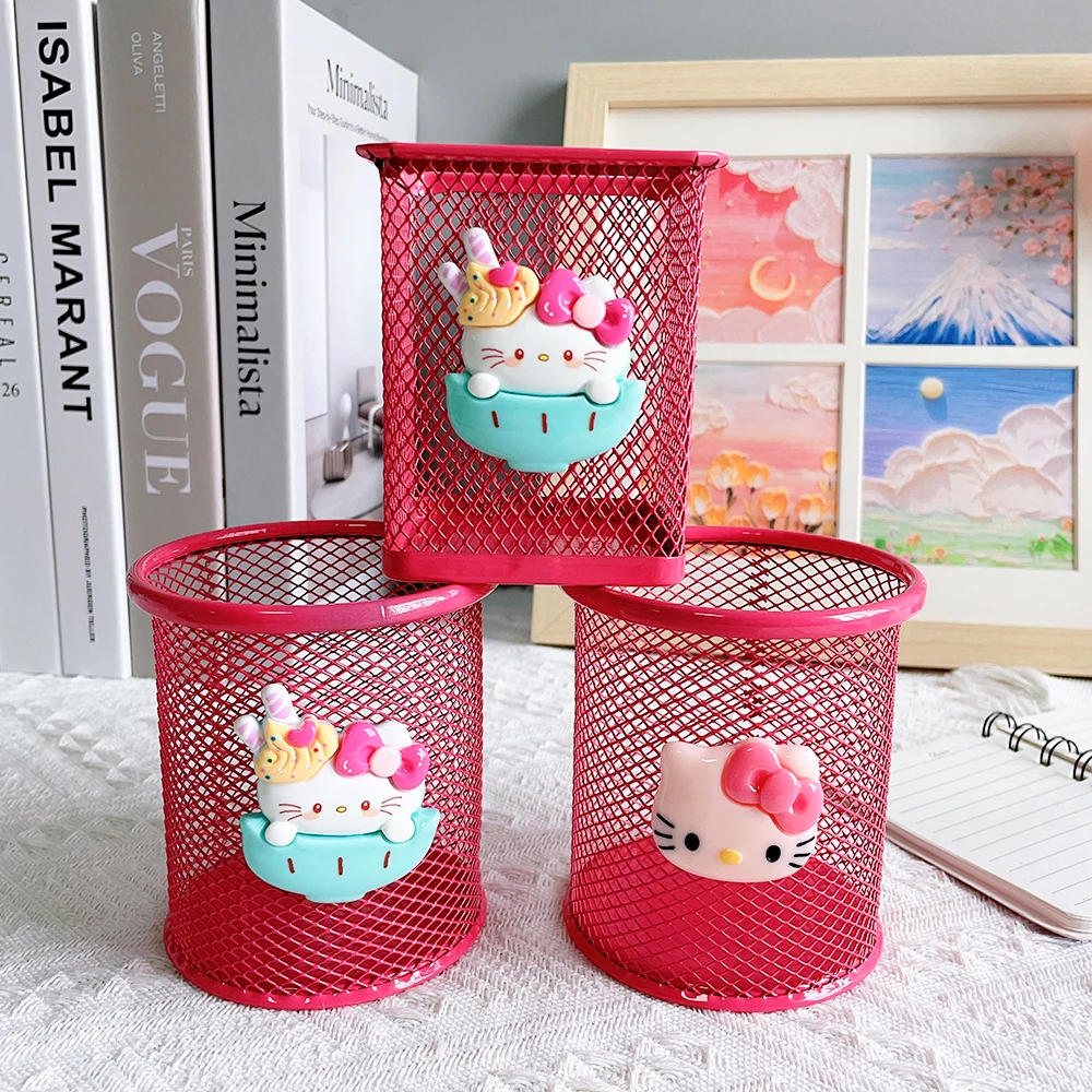Sanrio Series Cute Hello Kitty Fashion Pen Holder Desktop Decorations Anime Fans Girl Creative Round Pen Holder 3