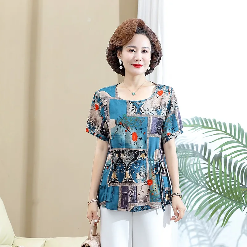 Women Summer Short Sleeve Elegant printing Lady drawstring Slim Waist Shirt Casual Tops And Blouses
