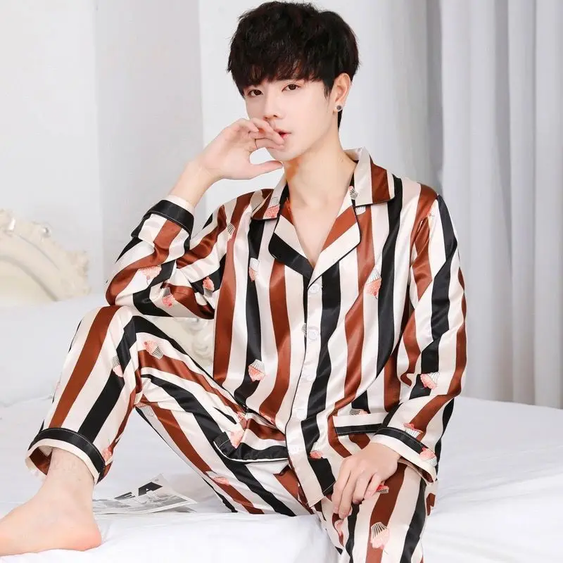 Luxury Brand Silk Pajamas Men Long Sleeve Button Shirt Long Pant Pajama Sets Homewear Loungewear Korean Loose Sleepwear New