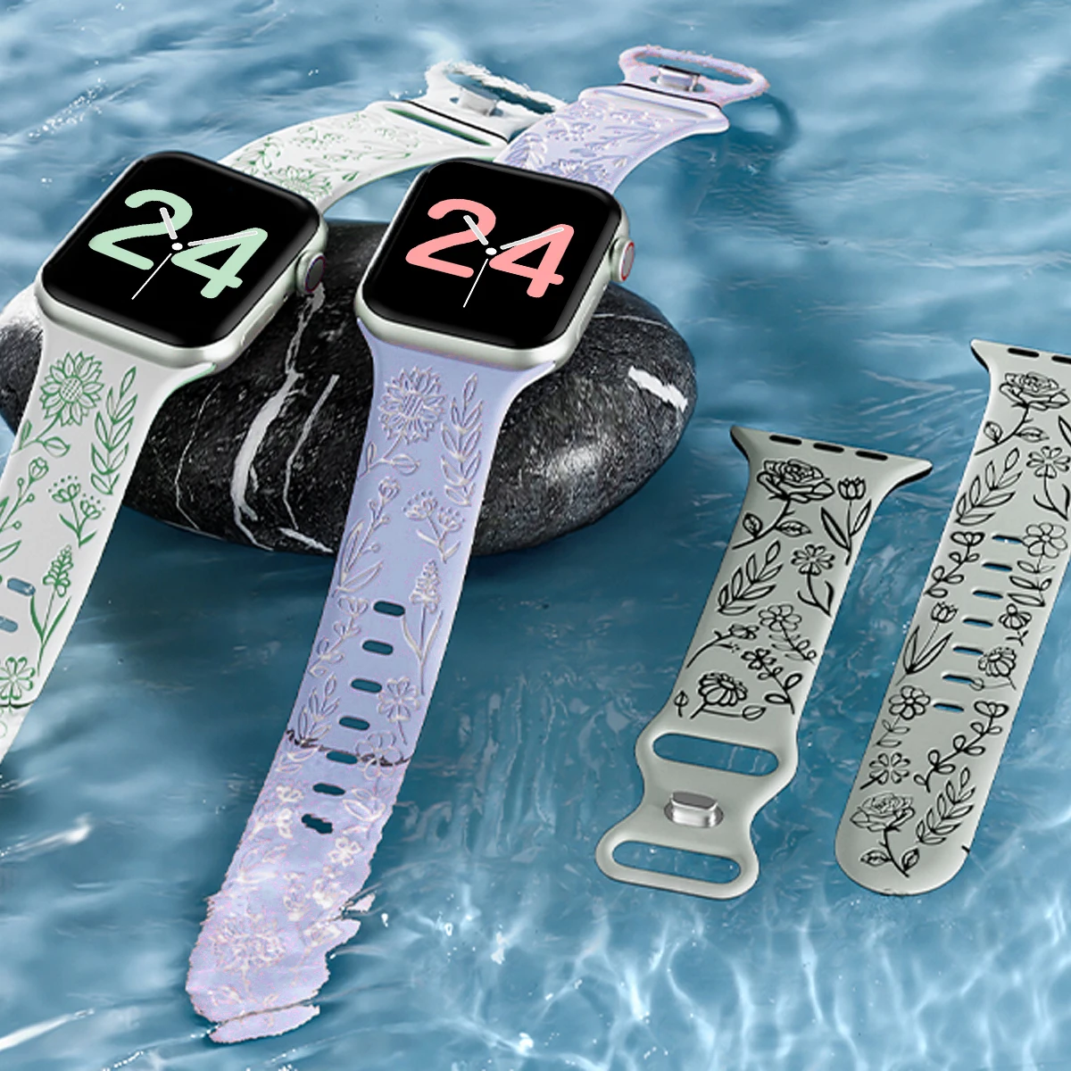 Upeak Cinturino Floreale Double Face Compatibile con Cinturino Apple Watch 38mm 40mm 41mm 42mm(Series 10 11), Silicone Morbido Cinturini per Serie iWatch 11/10/9/8/7/6/5/4/3/2/1/SE, Fiore Grigio