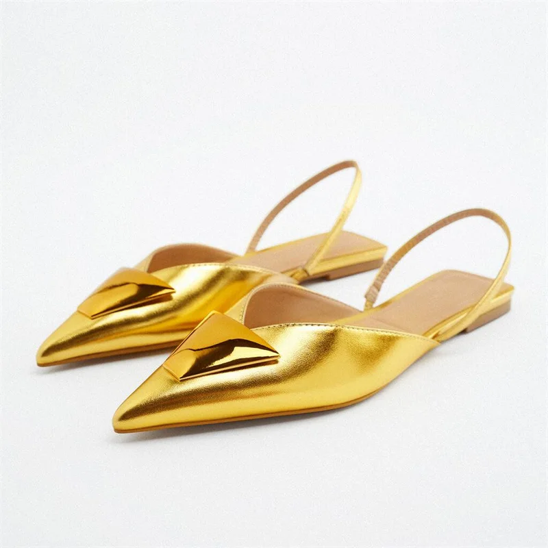 TRAF 2022 Summer Gold Flat Shoes Women Sexy Trimmed Metallic Flat Sandals Pointed Toe Slingbacks Lady Elegant Flats