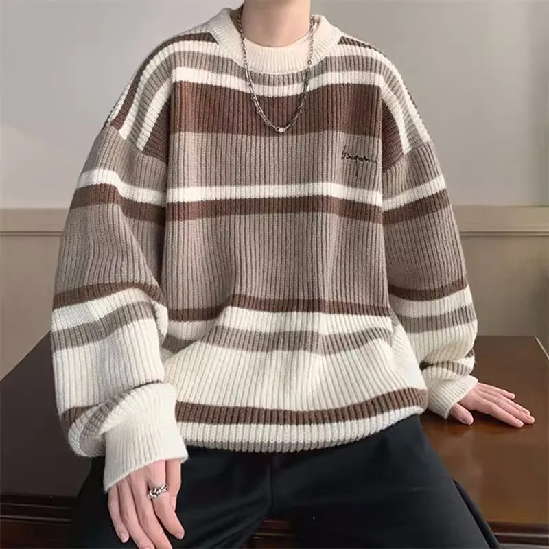 

Vintage Stripe Grandpa Sweater Men Casual O-Neck Jacquard Kintted Oversized Pullover Hip Hop Korean Harajuku Clothes Warm Jumper