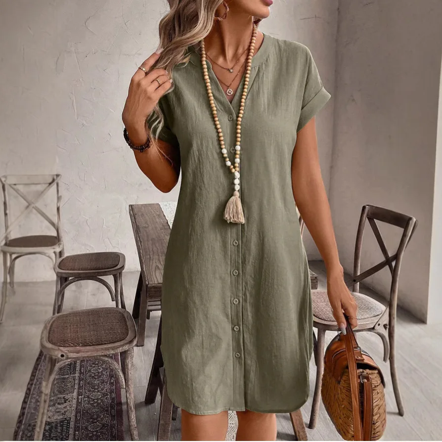 Women Casual Blouse Dress Simple V Neck Button Linen Dress Pockets Loose Large Size Shirt Dress Plus Size Womens Dresses 4