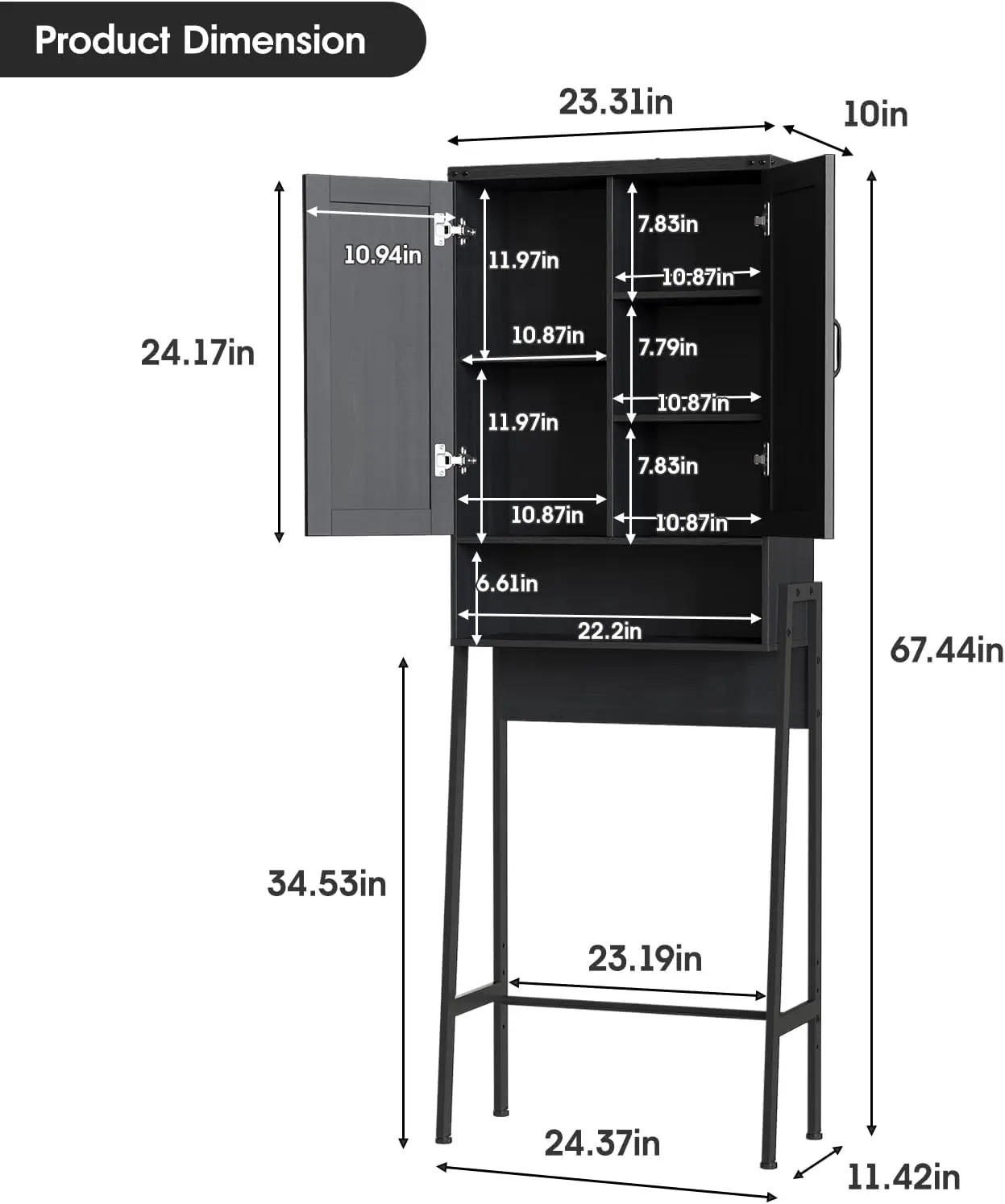 2-Door Over Toilet Storage Cabinet with Anti-Tip Device, Bathroom Organizer Shelves in Black