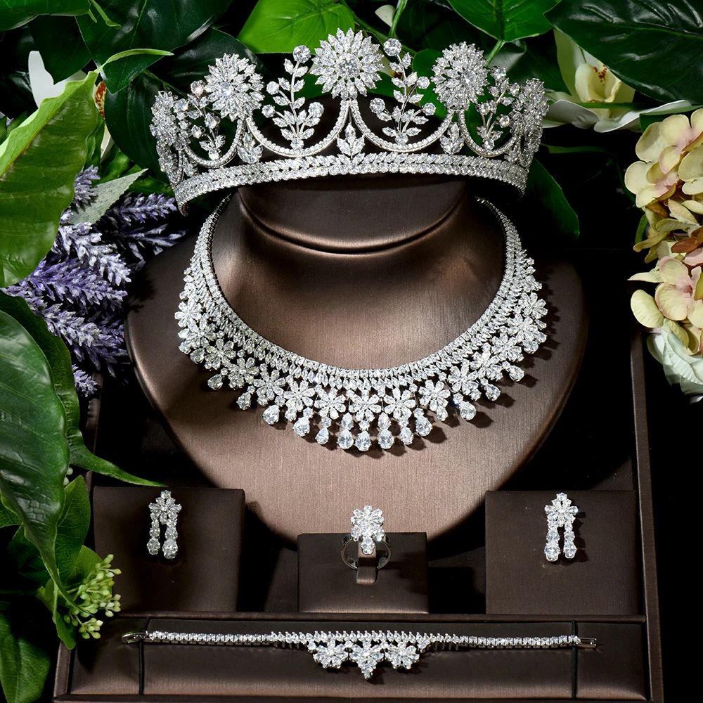 

Fashion Luxury Dubai Jewelry Sets Full CZ Bridal Hair Tiaras Necklace Earring Sets Ladies Wedding Sets pulseras mujer N-1622