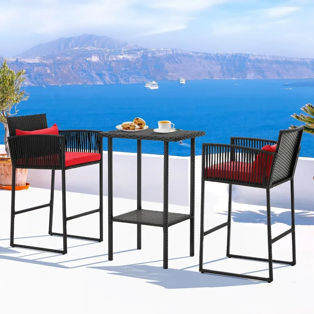 3-Piece Outdoor Rattan Wicker Bar Set with Cushions 1