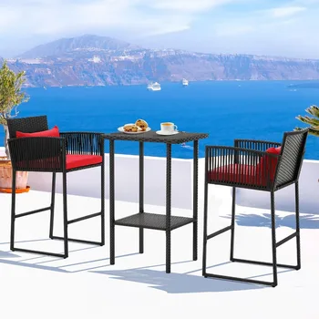 3-Piece Outdoor Rattan Wicker Bar Set with Cushions 1