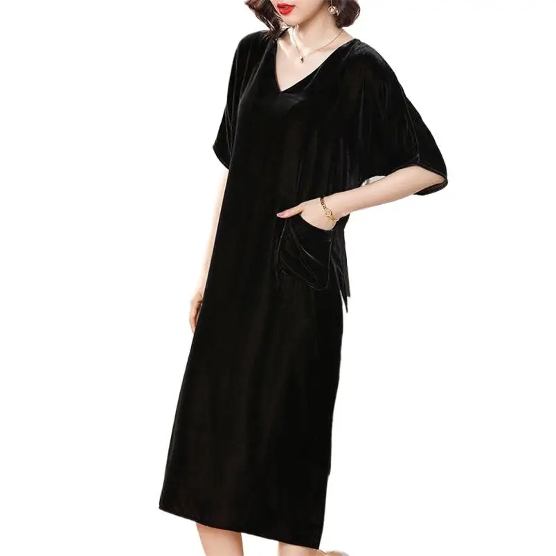 

2023 Autumn Elegant Retro Velet Long Dress New Fashion Party Solid Straight Vestido Half Sleeve V-Neck Dress -