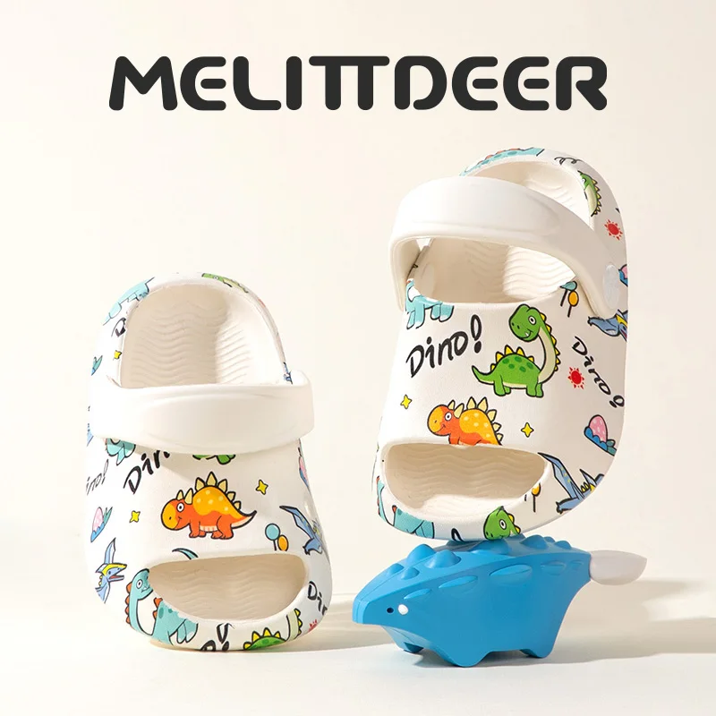 MELITTDEER 아동용 샌들 - 부드러운 밑창, 남아 및 여아용 프린트 공룡 디자인, 실내 및 실외 사용, 아동용 슬립온 신발