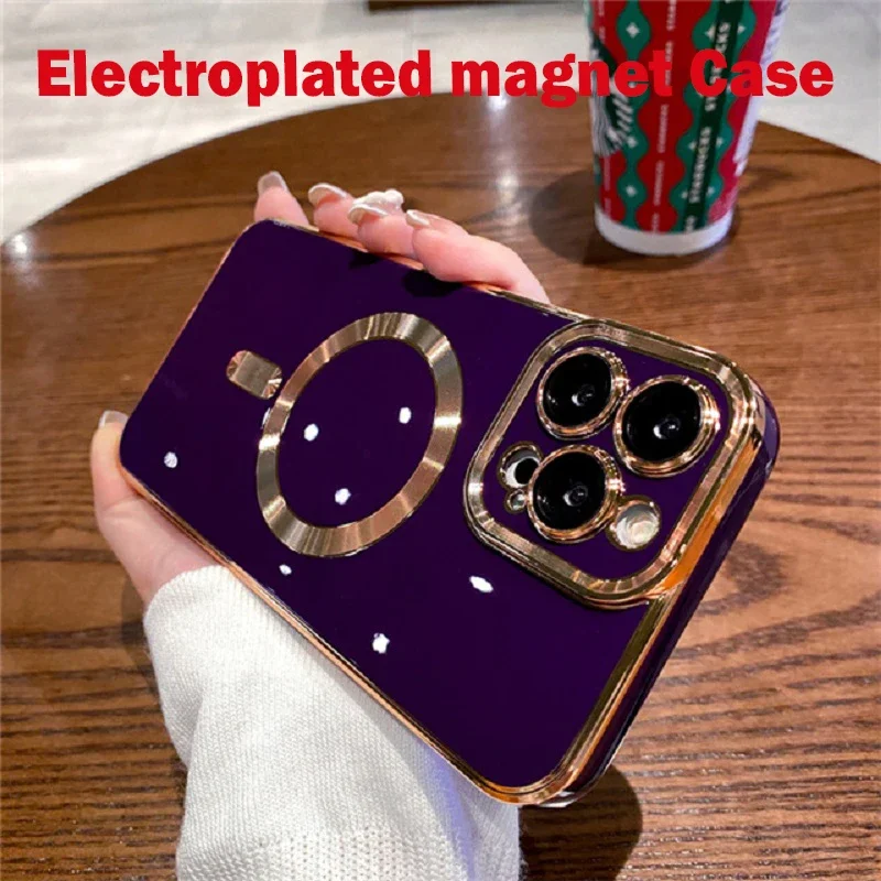 Plating Frame Phone Case iPhone 13 12 11 Pro Max 14 Plus For Magsafe Magnetic Wireless Charging Lens Protective_voghion.com