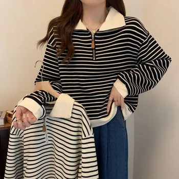 Women Striped Half Zip Sweatshirt Long Sleeve Collared Pullover Casual Fit  Fashion Oversized Streetwear Tops 2026 Tendencias 1