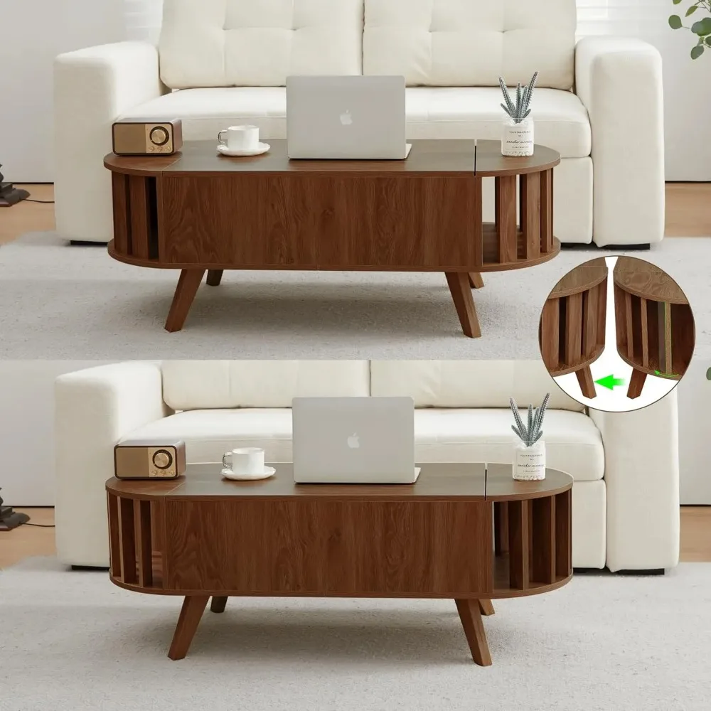 Wood Top Coffee Table with Hidden Storage,47.24" Oval Lift Table Top Curved Profile Design Low Tea Table for Living Room, Office 4