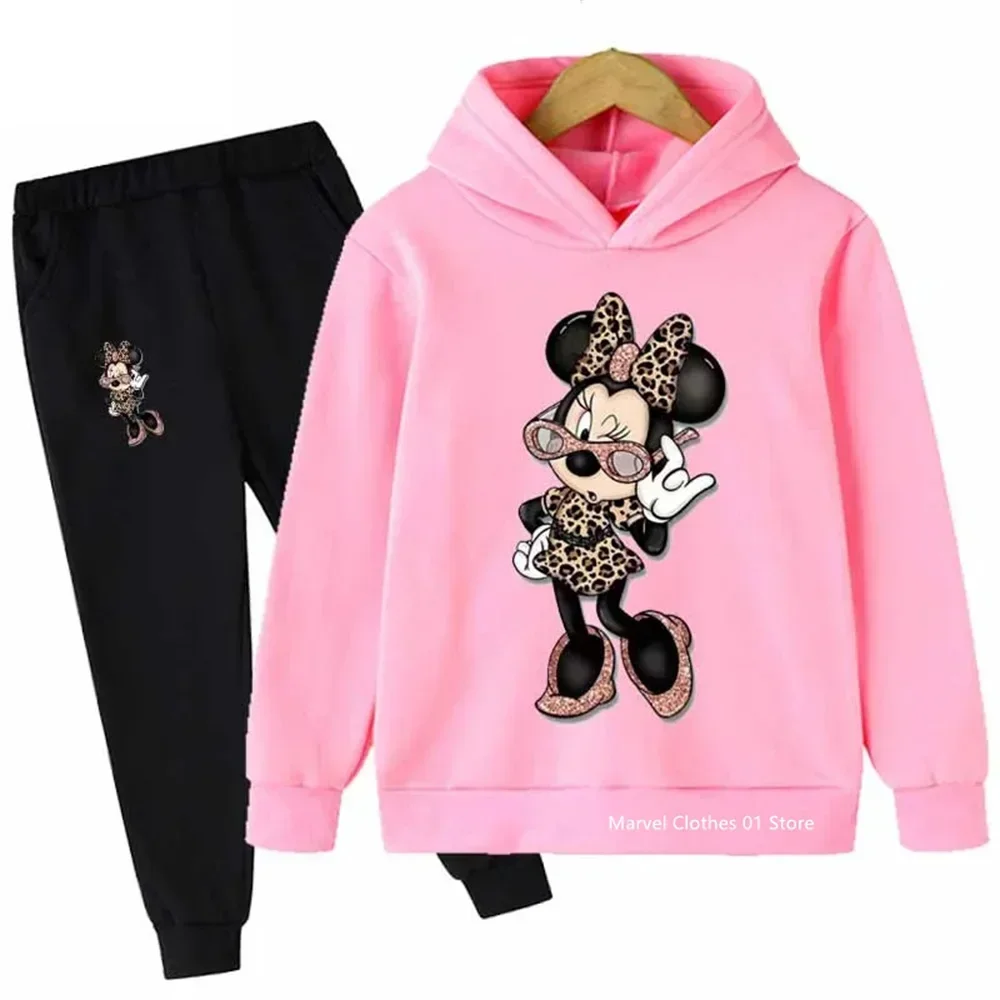 

2024 Disney Minnie Mouse Children Baby Hoodies Boys Girls Clothing Sets Autumn Kids Long Sleeve Sweatshirt+Pants Casual Outfit