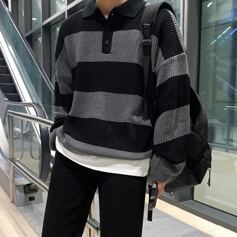 SYUHGFA Korean Knitwear Men's Polo Collar Striped Sweater 2024 Autumn Vintage Top New Loose Knitted Pullover Sweaters