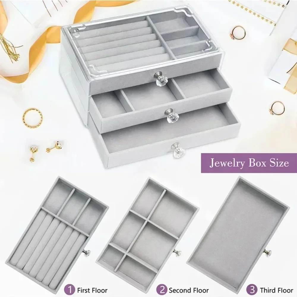 Acrylic Velvet Jewelry Organizer 3 Drawers Stackable Display Storage Earrings Necklace Bracelets Box Holder Case For Women