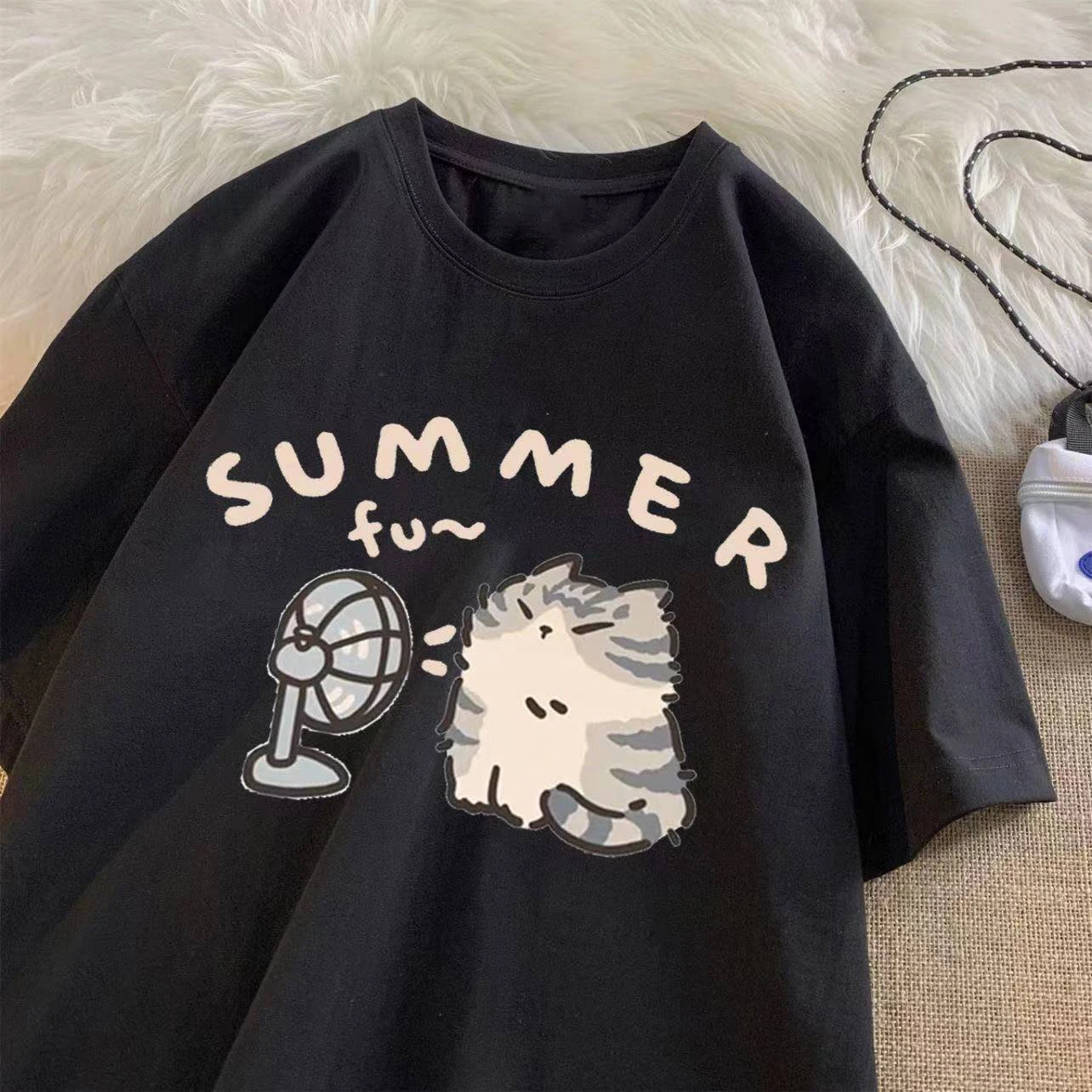 Korean Street Style Cat Print Cotton T-Shirt – Unisex Summer Comfort