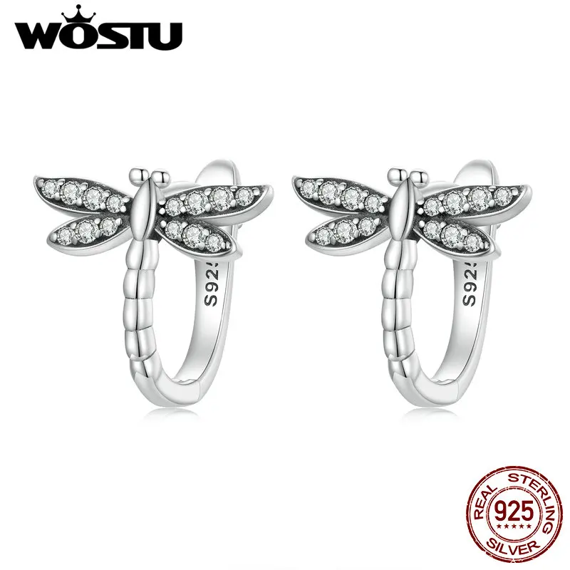 WOSTU 925 Sterling Silver Shiny Clear Zircon Drop Earrings Dragonfly Hoop Earring Animal Ear Buckles For Women Wedding Jewelry