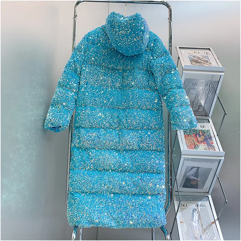 Long Colorful Sequined down Jacket Coat Women 2023 Winter New Heavy Industry Hooded Long Sleeve Thickened Warm Jacket Female