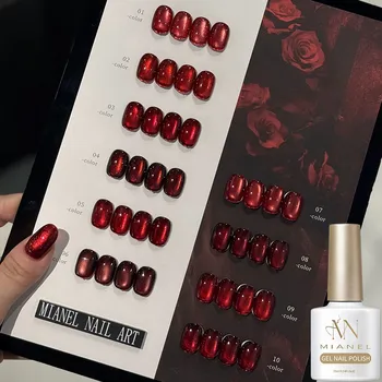 10ML 1-10PCS Red Nails 10 Color 2026 New Style Blood Rose New Year Atmosphere Ruby Rose Wine Red Glass Bead Cat Eye Gel Polish 1