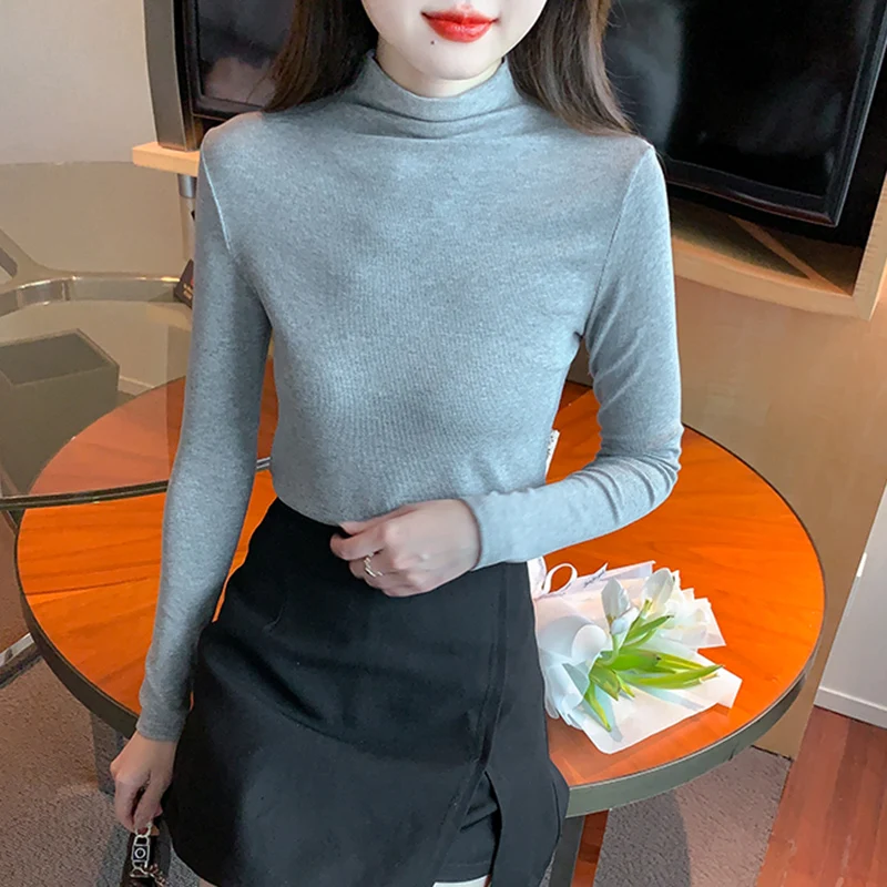 Winter New Plush Thickened Half High Neck Fashion and Foreign Style Versatile Fit Solid Color Underlay Top for Women