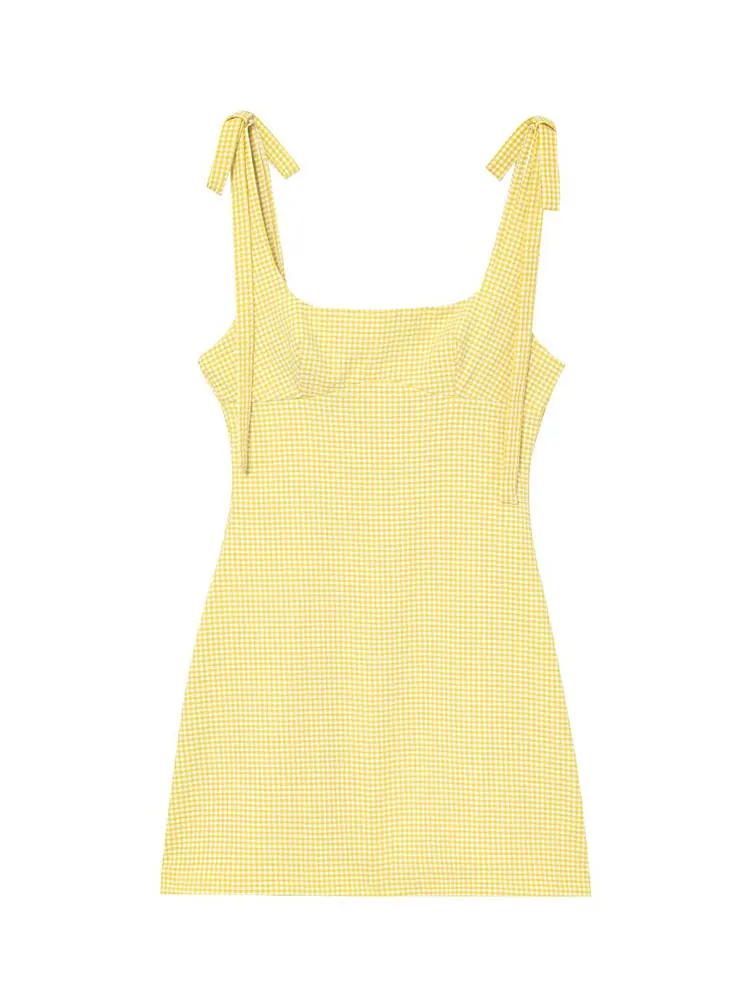 HH Women Yellow Plaid Mini Dress Bow Strap Backless Sleeveless Dresses Summer Back Zipper Slim Holiday Dress Vestidos