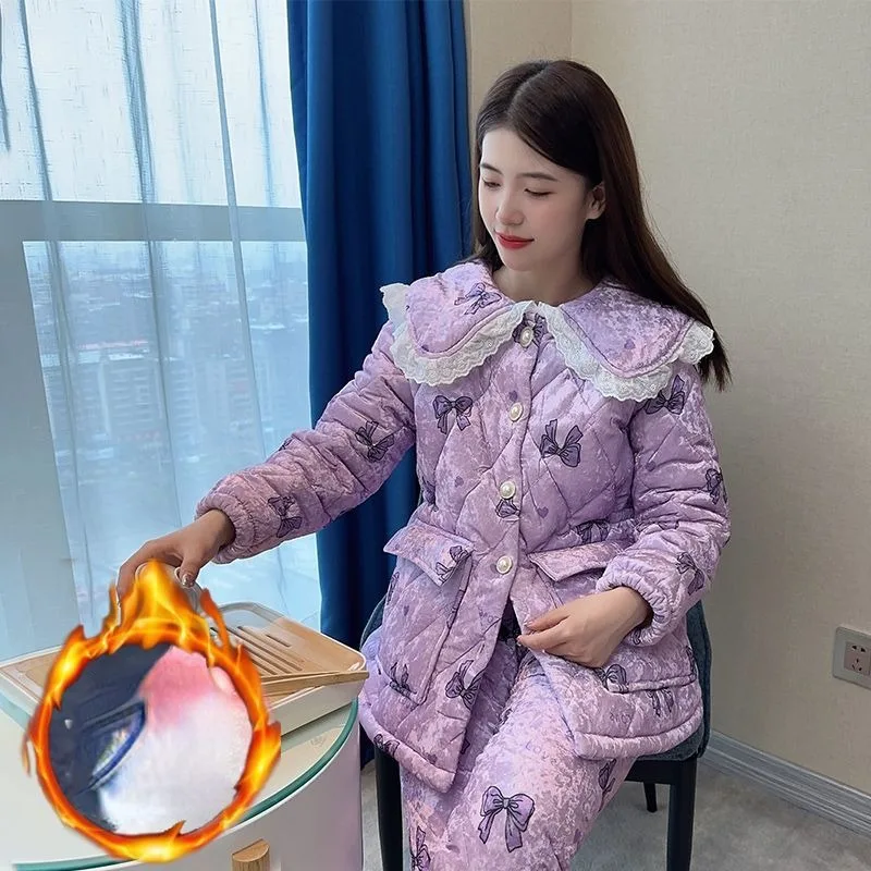 2023 New Women's Thickened Plush Sleepwear Coral Velvet Winter Loungewear Three-layer Cotton Sandwich Flannel Warm Homewear Set