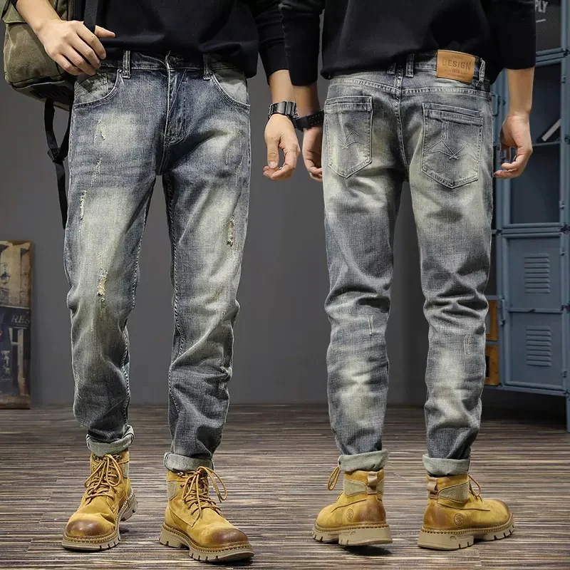 italian style fashion men jeans retro blue elastic slim ripped jeans men frayed patchwork vintage designer casual denim pants Italian Style Fashion Men Jeans Retro Blue Stretch Slim Ripped Jeans Men Elastic Trousers Vintage Designer Denim Pants Hombre