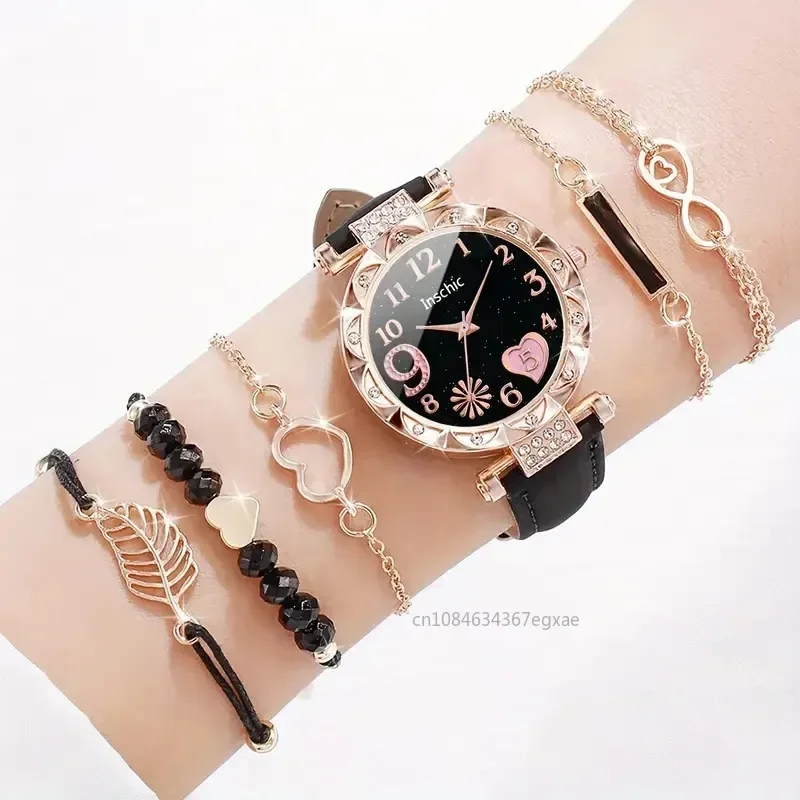 6PCS Set Watch For Women Luxury Leather Analog Ladies Quartz Wrist Watch Fashion Bracelet Watch Set Female Relogio Feminino - Image 3