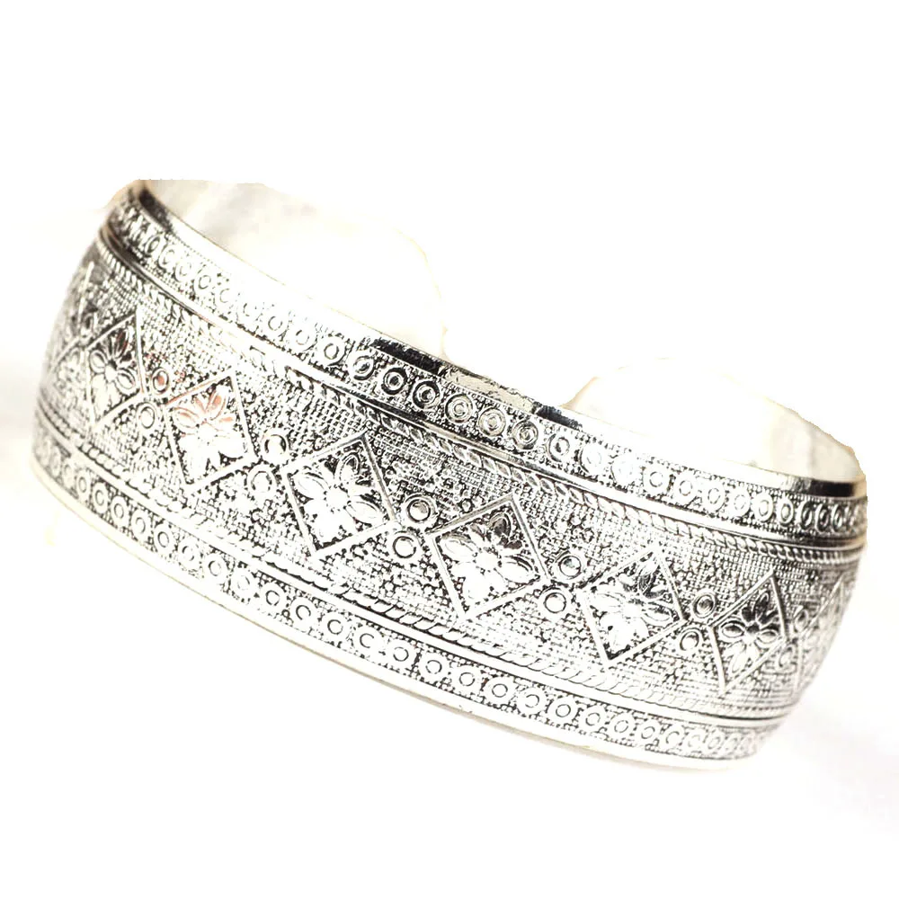 Bangle Bracelet Ancient Tibetan Wide Cuff Women Ethnic Style Retro Opening Carved Metal