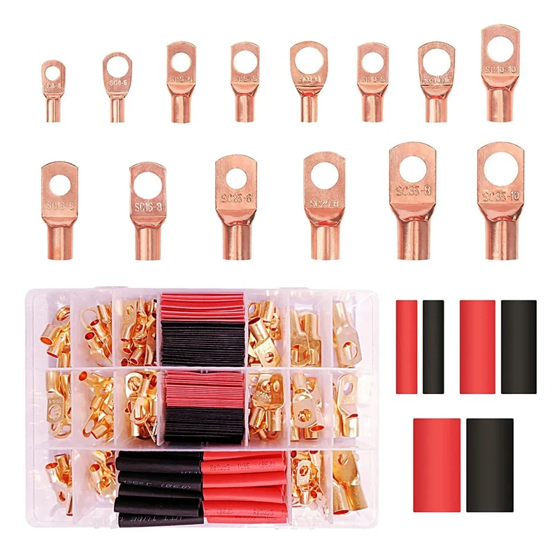 

280PCS Copper Wire Lugs Replacement Spare Parts [AWG2 4 6 8 10], 78Pcs Battery Terminal Connectors With 92Pcs Heat Shrink Tubing