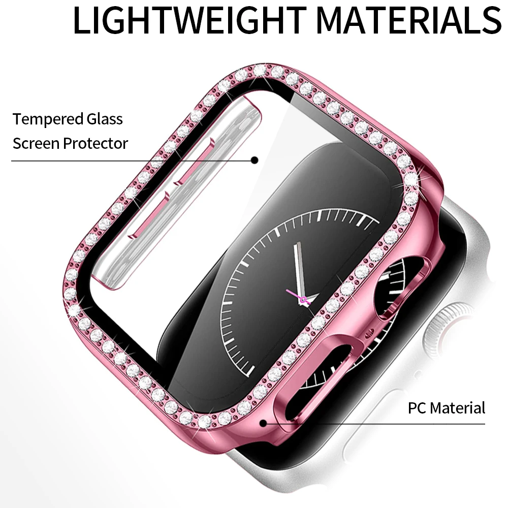 Glass+Diamond Watch Case for Apple Watch Series 8 7 6 SE 5 4 321 Screen Protector iWatch 45mm 41mm 44mm 40mm 42mm 38mm PC Cover