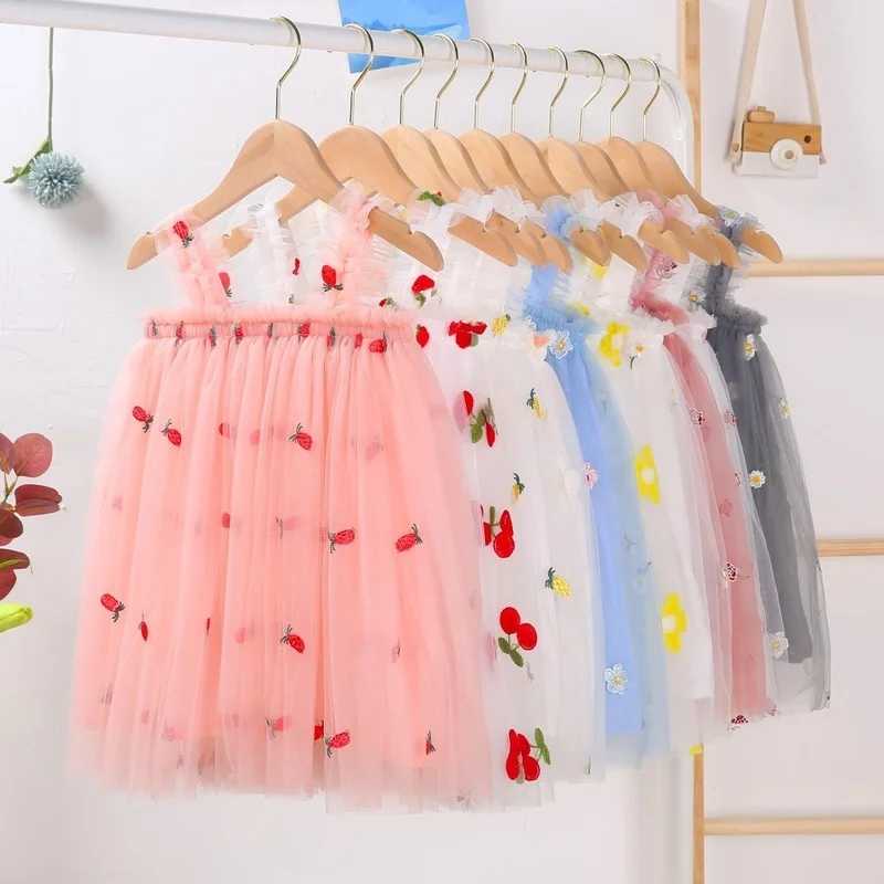 Girls Summer Dress Cute Strap Tulle Baby Girl Dress Embroidery Birthday Girl Party Princess Dresses Toddler Clothes CL805 girls dress princess costume kids clothes